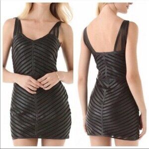 PARKER Black Sexy Leather Chevron Stripe Mesh Panel Mini Dress Size XS cocktail